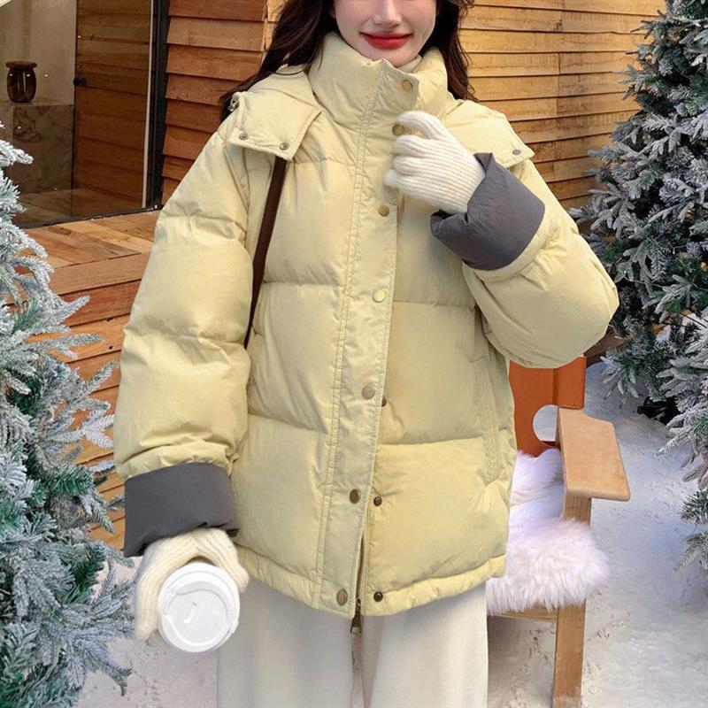 奶黄色短款棉服女冬2026新款袖口撞色设计面包服小个子爆款外套