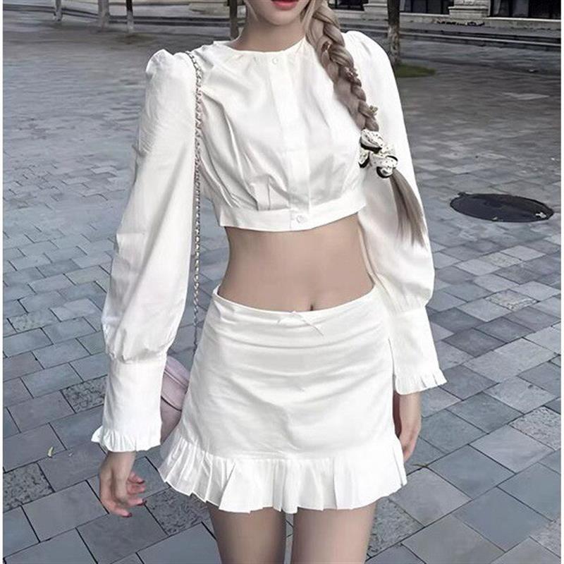 法式长袖短款白色衬衫上衣女秋季穿搭套装荷叶边包臀半身裙两件套