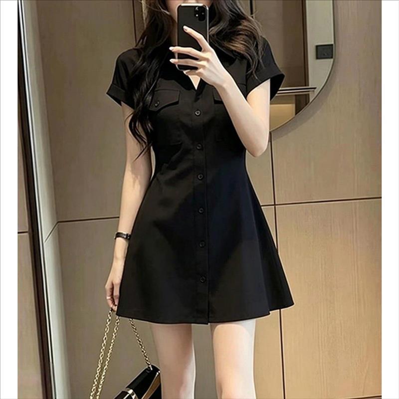 法式高级感黑色翻领短袖衬衫连衣裙女收腰A字短裙子2026夏季新款
