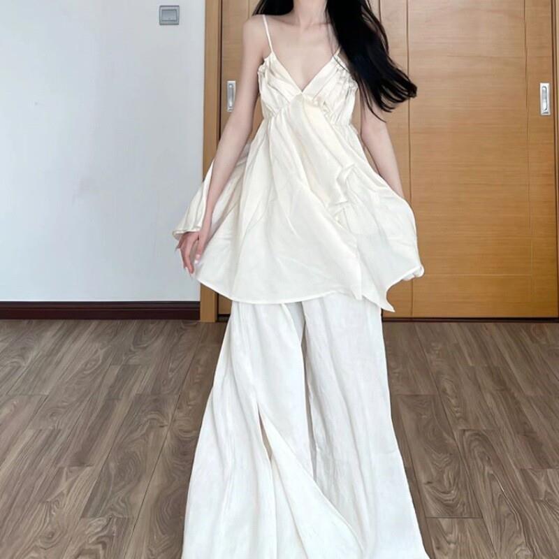 慵懒风休闲套装夏季新款宽松V领吊带上衣+拖地感阔腿裙裤两件套女