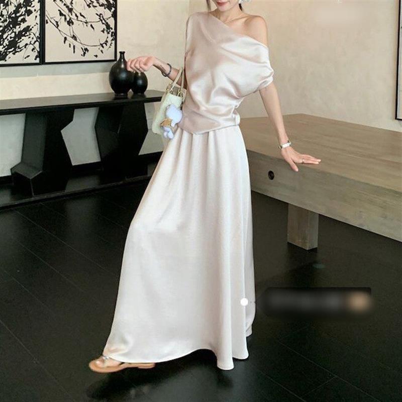 高级感纯色斜肩衬衫上衣高腰中长款半身裙女2026夏季新款时尚套装