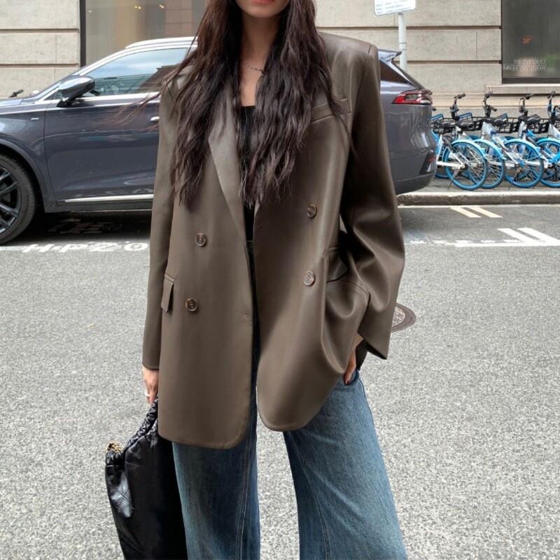 2026秋季新款纯色复古皮衣西装外套女宽松休闲气质高级感上衣女潮
