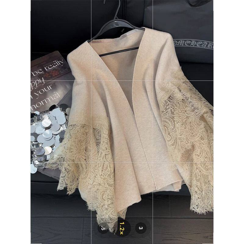蕾丝拼接针织披肩女法式气质名媛风2025春秋高级感斗篷毛衣外套女