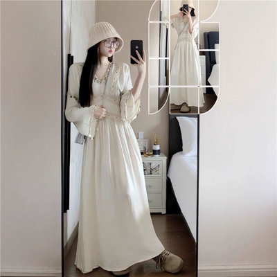 独特绝美V领连衣裙女春季大码胖mm收腰显瘦波西米亚甜美A字长裙子