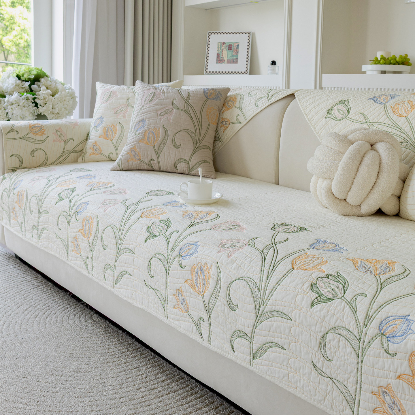 田园风刺绣水洗棉沙发垫四季通用纯棉防滑坐垫子全棉布艺套罩盖巾