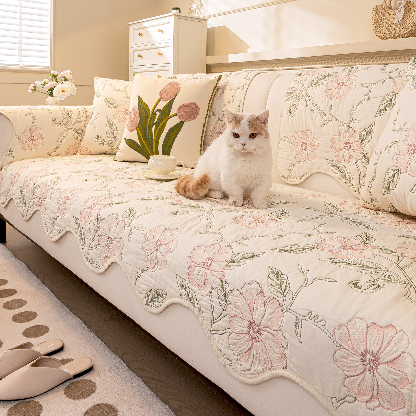 国风刺绣纯棉沙发垫防滑异形坐垫子四季通用田园布艺全棉套罩盖巾,居家布艺,沙发垫,淘宝优惠券,粉丝福利购,淘宝优惠卷