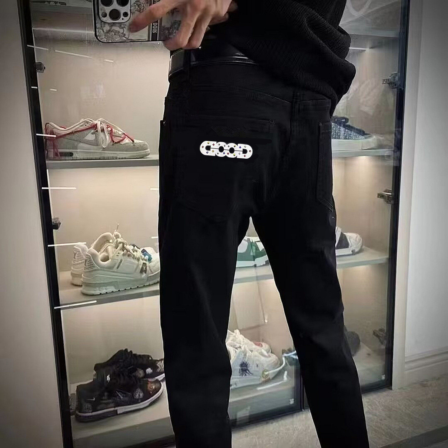 秋冬季欧美潮牌GOD烫钻柳丁镶珠黑色牛仔裤男潮流修身休闲长裤子