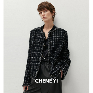 CHENE 限量欧洲进口LINTON箱型黑白格粗花呢设计感小香外套女