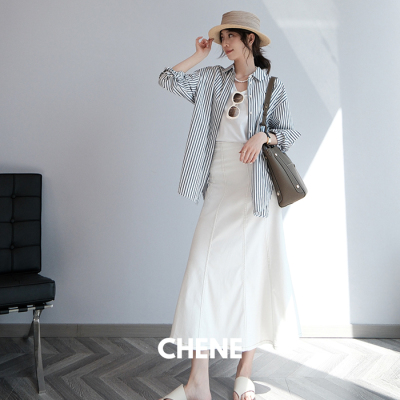 CHENE伊伊复古感分割结构设计佰搭显瘦白色鱼尾牛仔半裙女