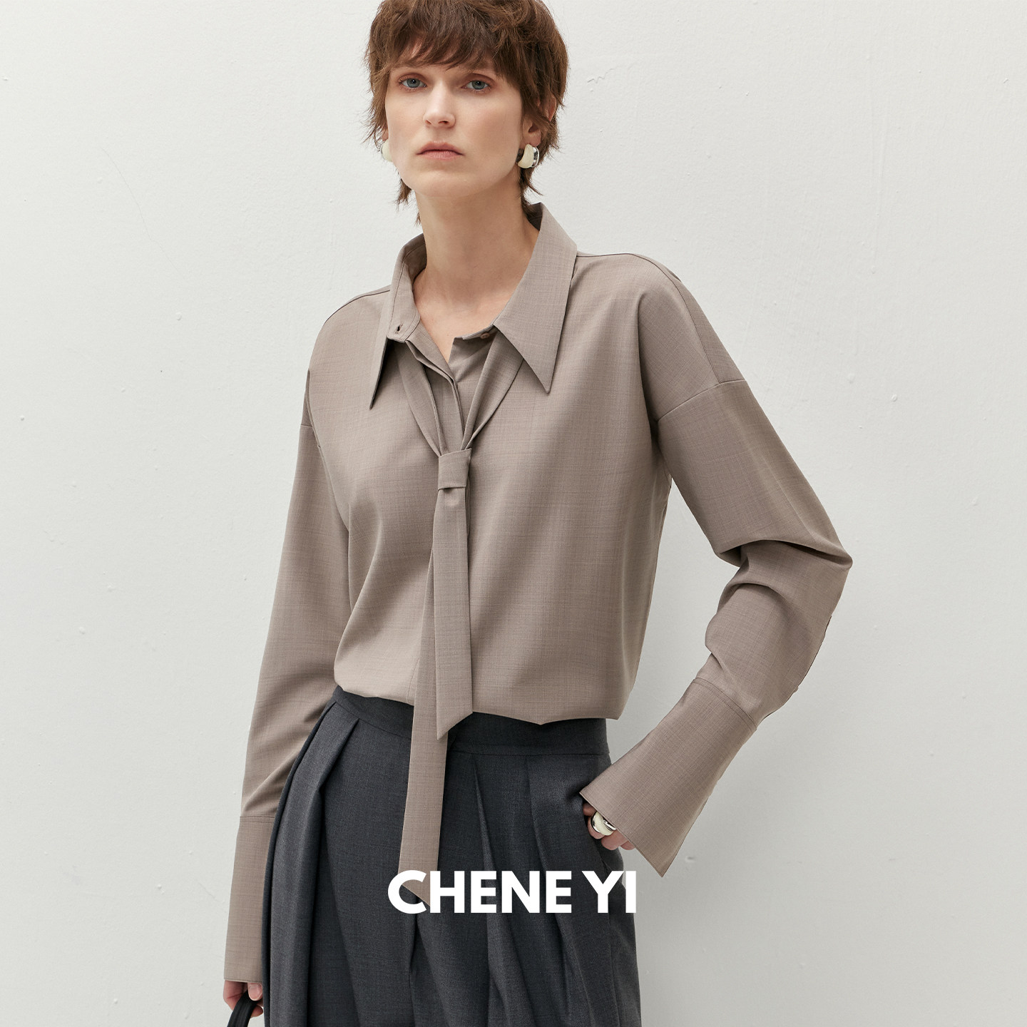CHENE YI 羊毛混纺可拆卸领带设计感长袖女士衬衫高级感轻奢上衣