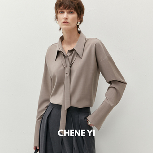 女士衬衫 羊毛混纺可拆卸领带设计感长袖 高级感轻奢上衣 CHENE