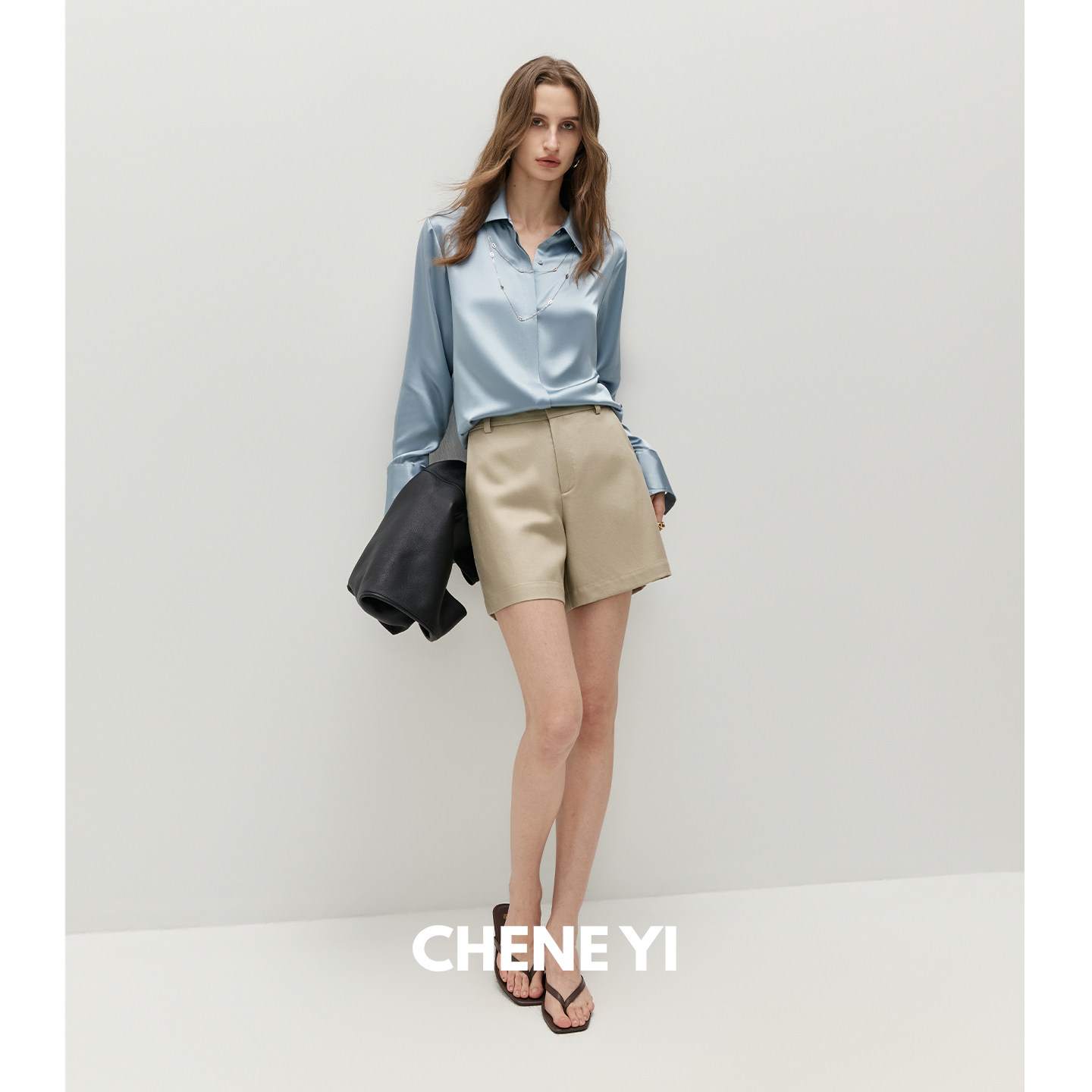 CHENE YI 微A莱赛尔亞麻混纺凉感斜纹通勤短裤女夏季直筒休闲裤