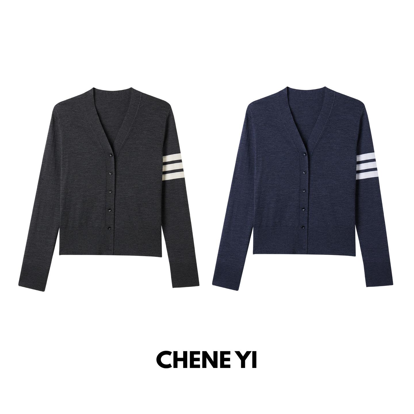 CHENE YI 100%绵羊毛松弛老钱风可机洗V领长袖针织开衫女外套