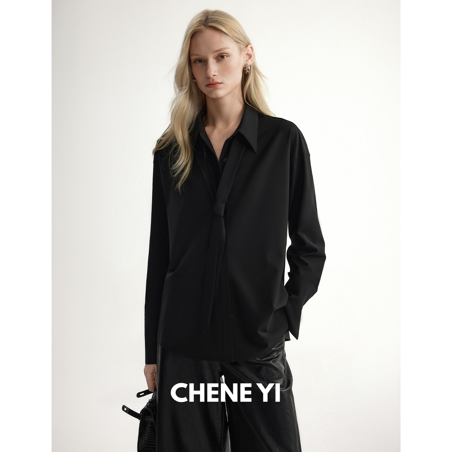 CHENE YI 经典宽松通勤简约篙级羊毛混纺可拆卸法式领带衬衫