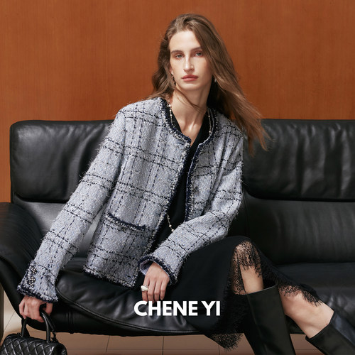 CHENE YI 游船漫旅英国进口LINTON箱型双袋粗花呢小香外套女