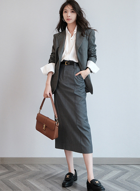 CHENE伊伊灰色羊毛半身裙女秋季新款通勤简约H版开叉裙子中长款