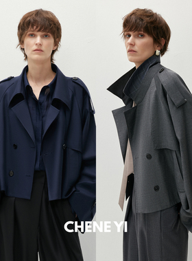 CHENE YI 康赛妮chao细羊毛双排扣短款斗篷风衣女高级感女士外套