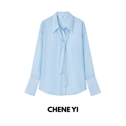 CHENE YI  可拆卸领带设计暗门襟微透感度假通勤暗条纹衬衫上衣女