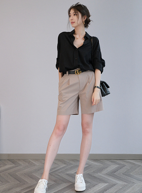 CHENE伊伊卡其色休闲夏天短裤女宽松休闲通勤显瘦五分裤直筒裤