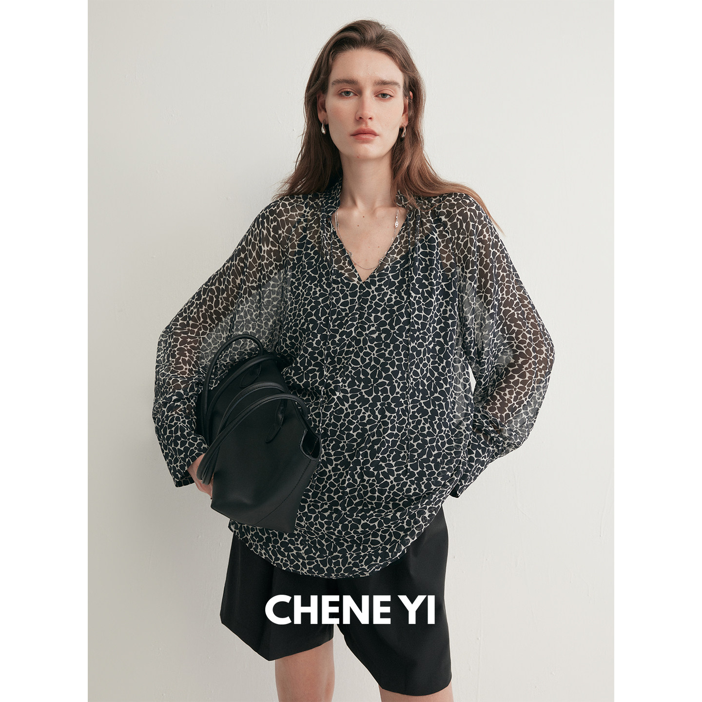 CHENE YI 朦胧微透感细飘带捏褶法式复古插肩袖衬衫女上衣含吊带