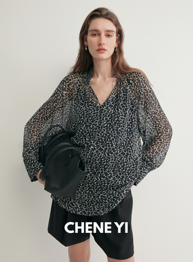 CHENE YI 朦胧微透感细飘带捏褶法式复古插肩袖衬衫女上衣含吊带