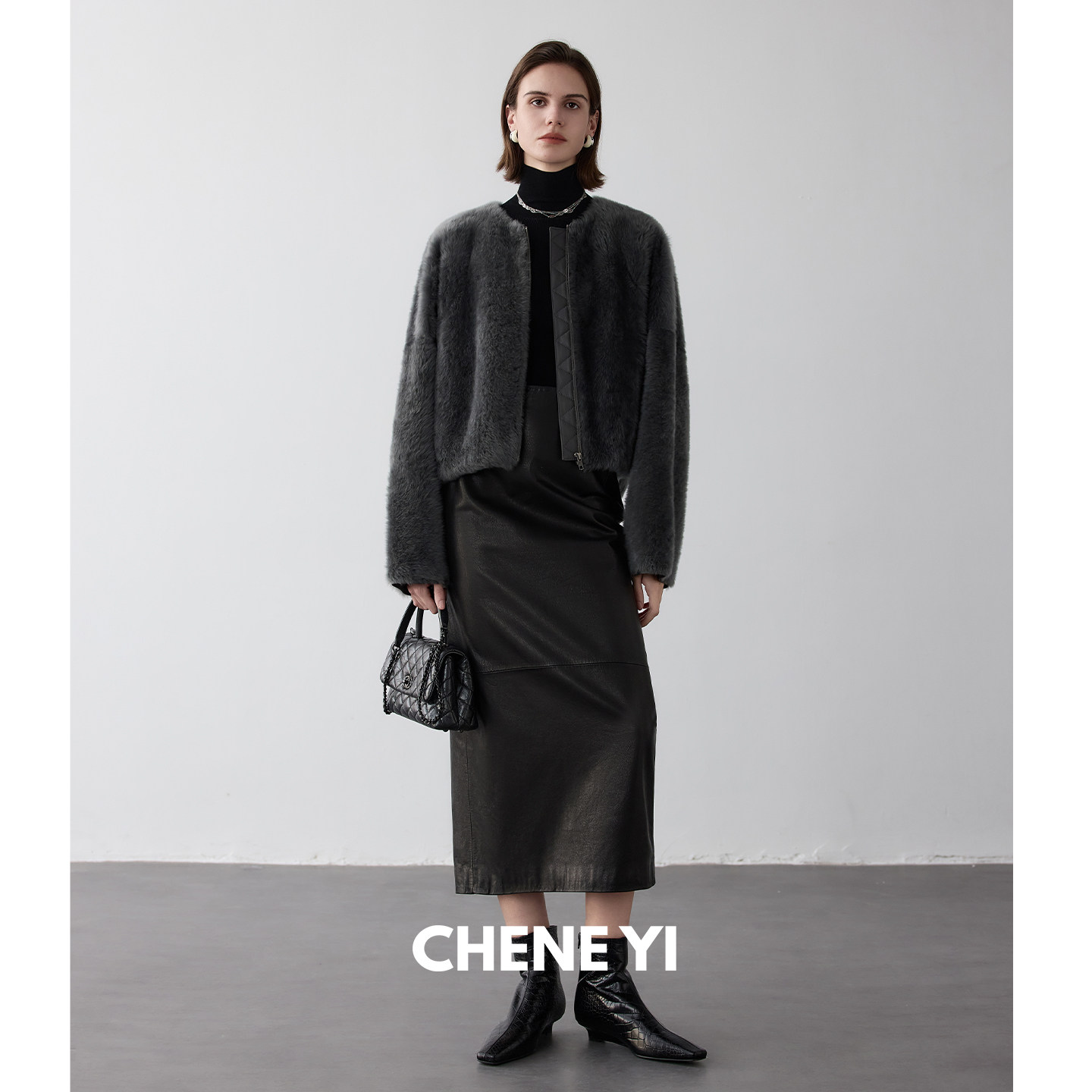 CHENE YI 獨家设计复古连腰直筒后开叉长款真皮皮裙女半身裙