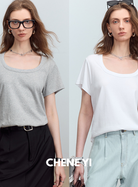 CHENE YI篙端舒长绒棉佰搭舒适显瘦麦穗绣花工艺水滴领T恤女上衣
