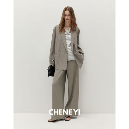 CHENE YI 笈简桑蚕丝混纺双排扣平驳领落肩西装/直筒微喇长裤套装