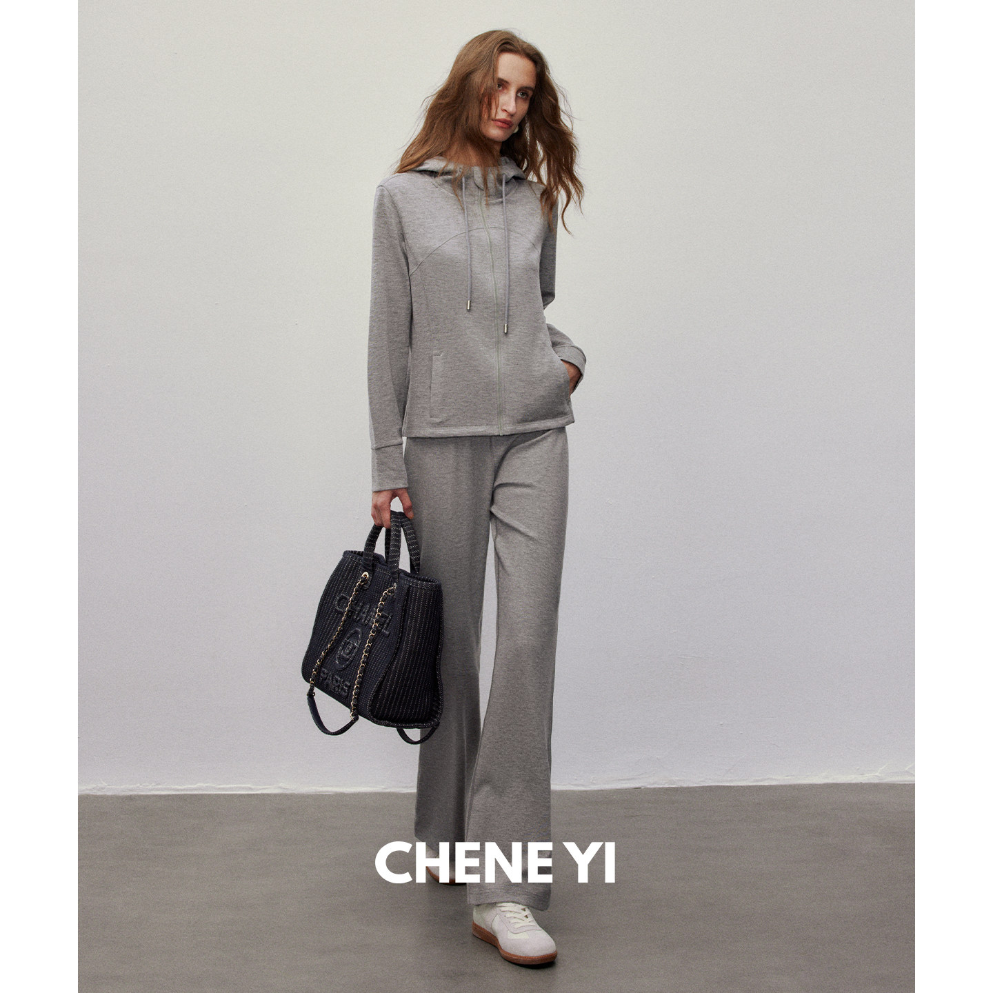 CHENE YI 桑蚕丝混纺合身收腰都市轻运动风连帽卫衣+休闲裤套装女