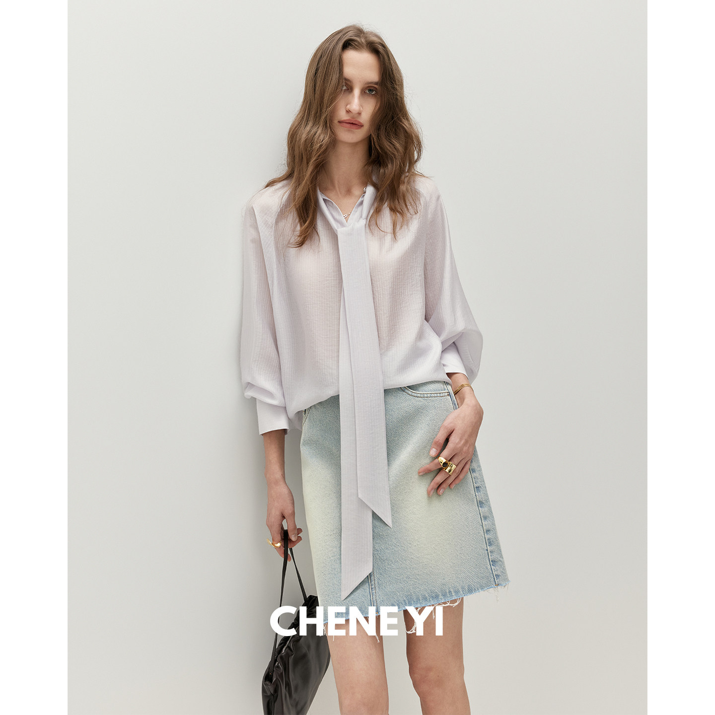 CHENE YI 阔版轻薄插肩袖飘带细条纹衬衫外套女微透通勤穿搭上衣