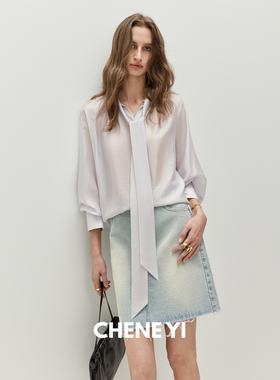 CHENE YI 阔版轻薄插肩袖飘带细条纹衬衫外套女微透通勤穿搭上衣