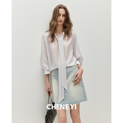 CHENE YI 阔版轻薄插肩袖飘带细条纹衬衫外套女微透通勤穿搭上衣
