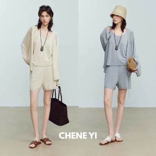 CHENE YI康宝莱汉麻混纺清凉防晒针织开衫/吊带/短裤三件套装女夏