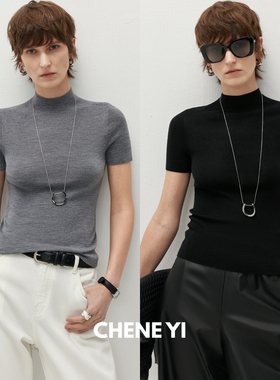CHENE YI 真丝羊毛混纺半高领修身弹力短袖无缝针织衫上衣T恤女