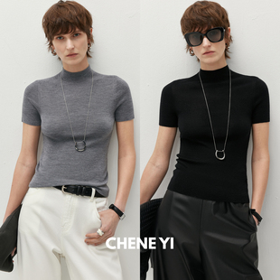 CHENE YI 真丝羊毛混纺半高领修身弹力短袖无缝针织衫上衣T恤女