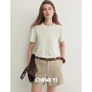 CHENE YI 薄荷清香圆领微宽松直筒版型后中刺绣短袖T恤女上衣夏季