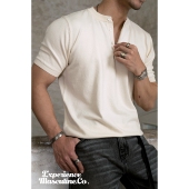 柴米300g重磅亨利领针织短袖 复古咔叽 T恤男全棉老钱风T恤打底美式