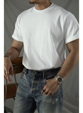 柴米重磅宽松全棉T恤小领口阿美咔叽通勤短袖白色打底衫美式复古