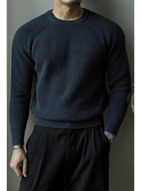 柴米加厚插肩圆领毛衣男保暖套头重磅针织衫美式复古阿美咔叽秋冬