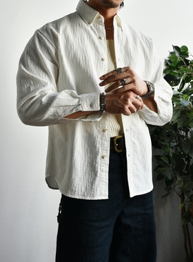 柴米男士美式复古长袖衬衫秋纯棉休闲商务肌理感纯色通勤开衫上衣