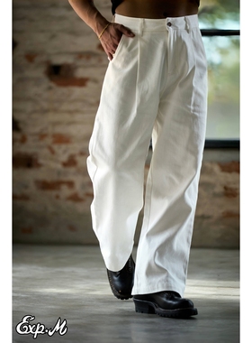 柴米白色宽松休闲裤男中腰老钱风直筒长裤美式复古全棉阔腿裤咔叽