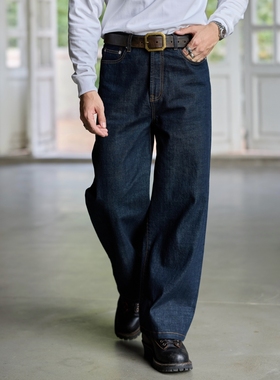 柴米官脱原色美式复古直筒水洗牛仔裤宽松百搭休闲长裤子赤耳原牛