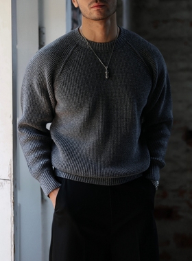 柴米美式复古圆领插肩袖毛衣秋季男华夫格纹纯棉针织衫打底上衣