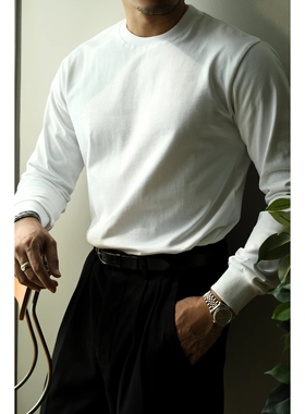 柴米长袖小领口T恤美式复古重磅全棉纯白打底衫休闲阿美咔叽秋冬