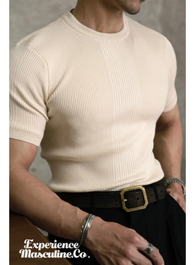 柴米重磅紧身针织短袖T恤男300g修身显肌肉健身服美式复古咔叽夏