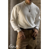 复古秋 美式 柴米重磅华夫格宽松落肩长袖 T恤男小领口休闲打底衫