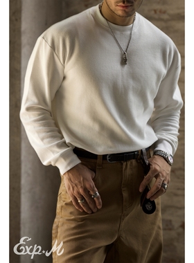 柴米重磅华夫格宽松落肩长袖T恤男小领口休闲打底衫美式复古秋