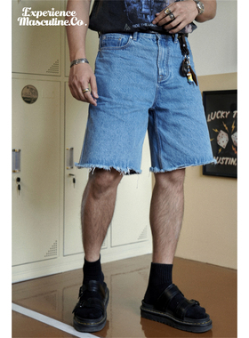 柴米重磅宽松浅蓝色牛仔短裤男美式街头水洗破坏流苏五分裤咔叽夏