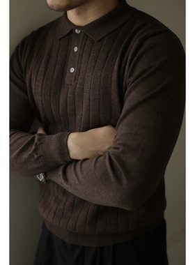 柴米长袖翻领坑条Polo美式复古休闲保暖针织衫T恤男阿美咔叽秋冬