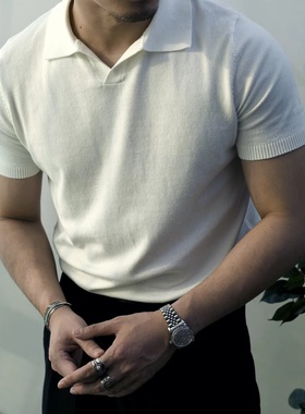 柴米马球Polo针织衫T恤男休闲全棉纯色翻领修身短袖美式复古夏季